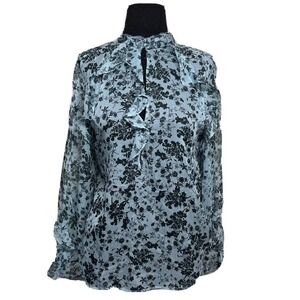 Zara Blouse Sheer Blue Floral Ruffle Button Neck Women’s Size Small